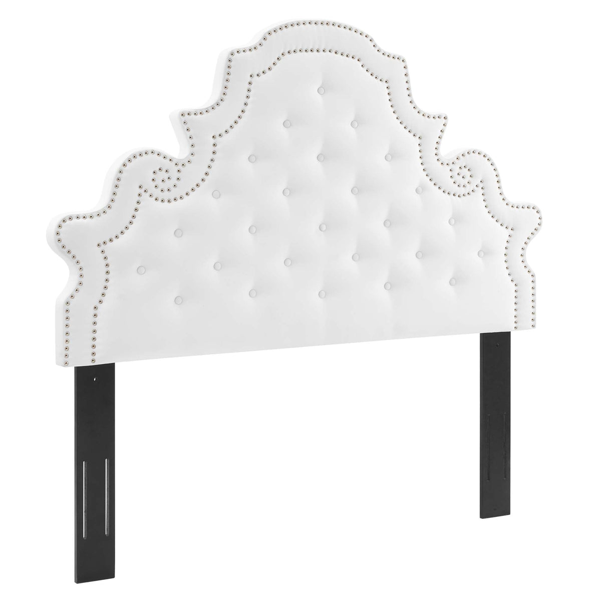 Gwyneth Tufted Velvet Queen Platform Bed with white headboard, nailhead trim, black legs on Tampa Home & Garden Store