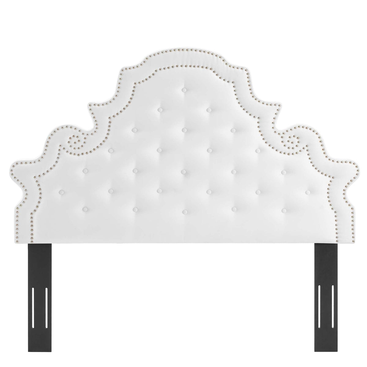 Gwyneth Tufted Velvet Queen Bed headboard white upholstery with nailhead trim dark legs on Tampa Home & Garden Store
