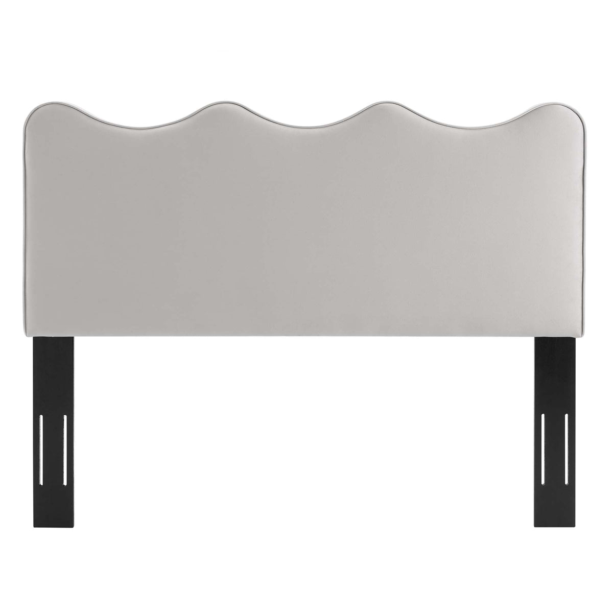 Athena Velvet Headboard in light gray with scalloped curved top and black legs on Tampa Home & Garden Store