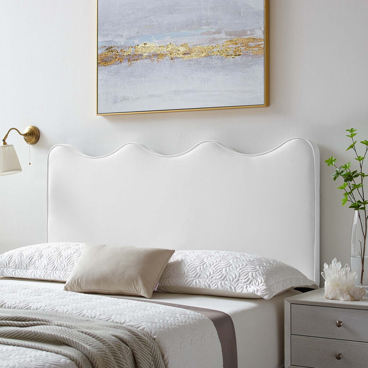 Athena Performance Velvet Headboard in white with curved upholstered panels by HouseOfZazla on Tampa Home & Garden Store