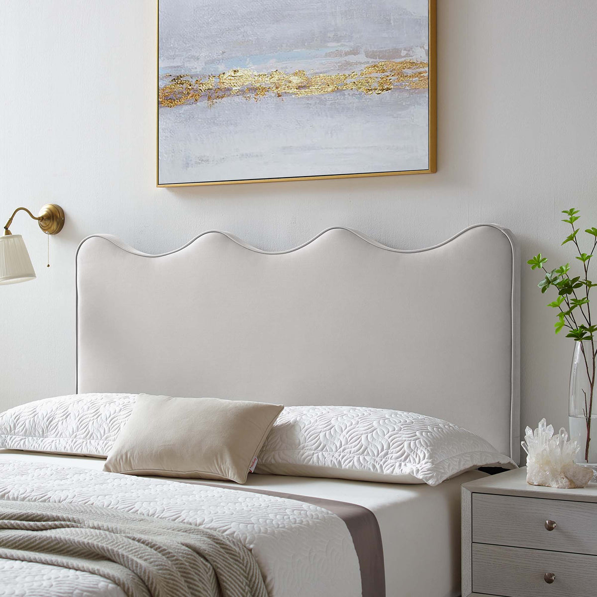Athena performance velvet king/cal king headboard in light gray with curved silhouette on Tampa Home & Garden Store