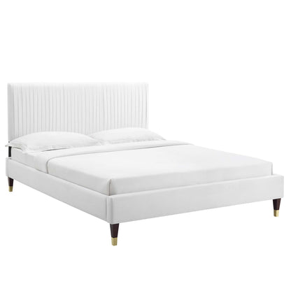 Peyton Velvet Queen Platform Bed in white with vertical-channel tufted headboard by Modway on Tampa Home & Garden Store