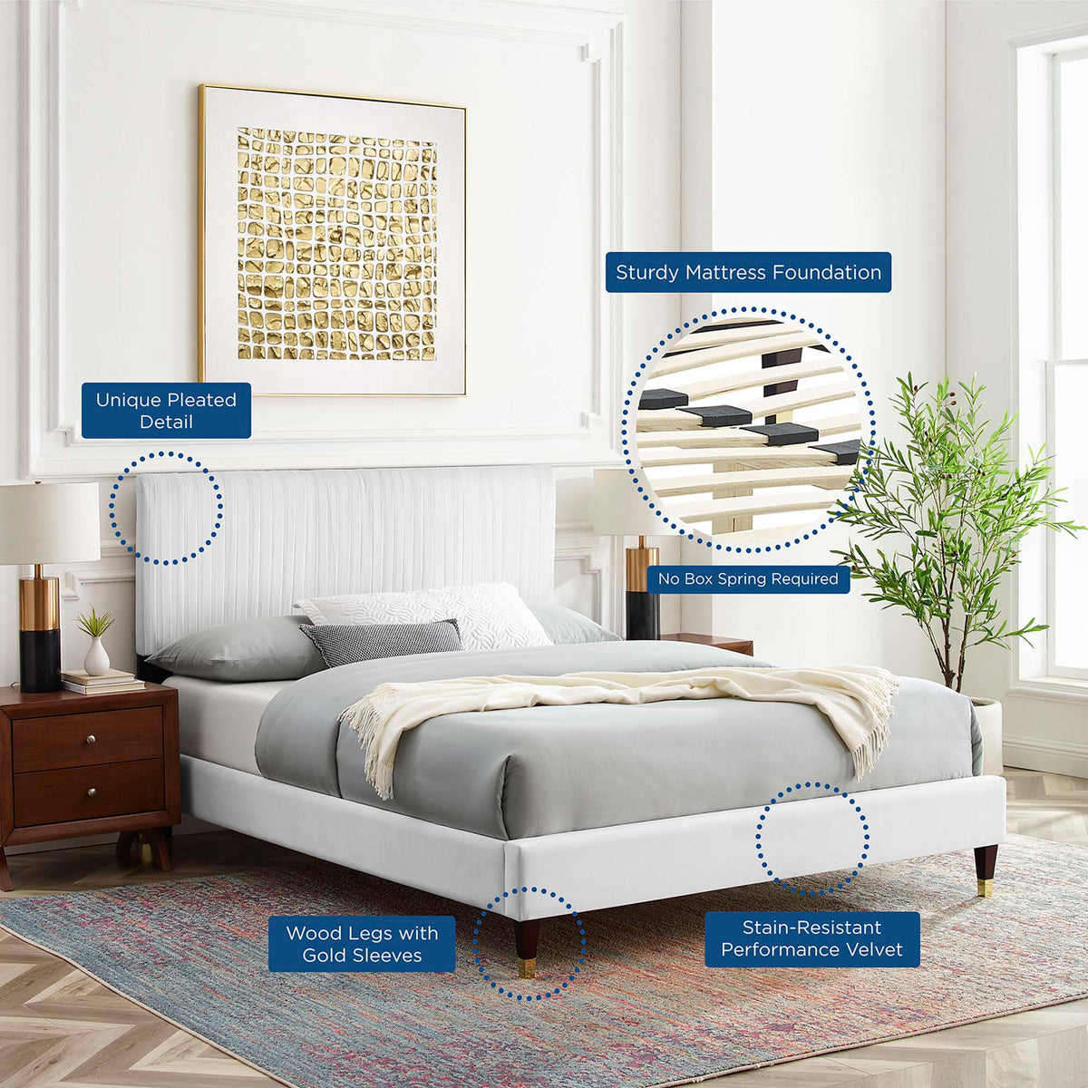 Peyton Velvet Queen Platform Bed by Modway in light gray velvet with wood legs and gold sleeves on Tampa Home & Garden Store