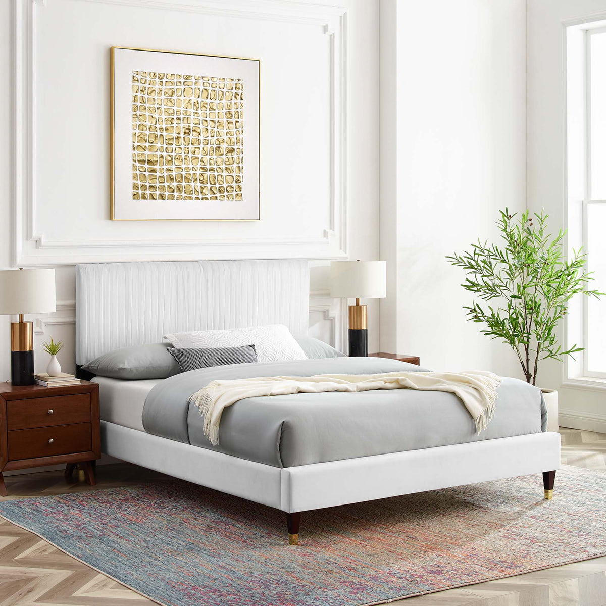 Peyton Velvet Queen Platform Bed by Modway with tall headboard and dark legs on Tampa Home & Garden Store