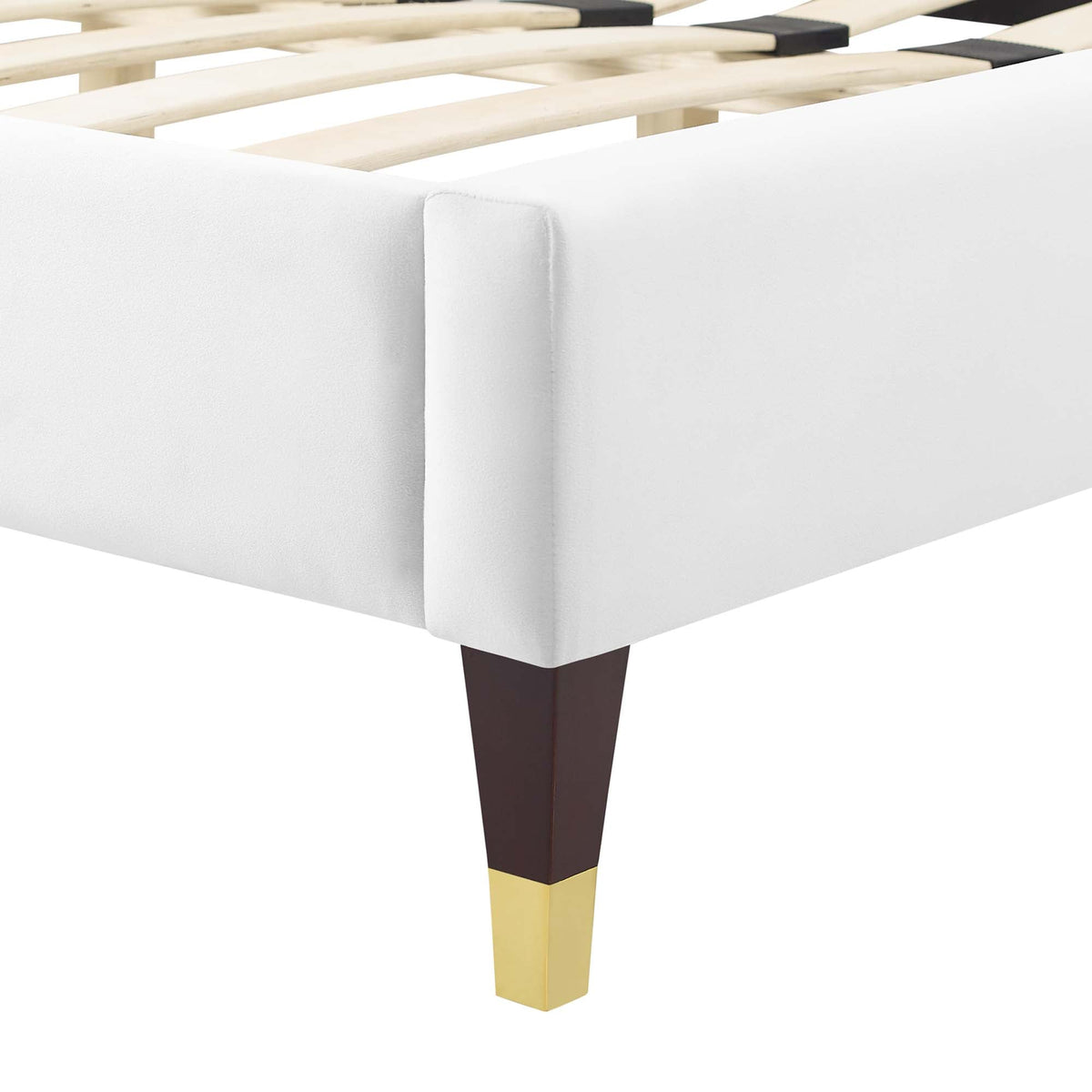 Peyton Velvet Queen Platform Bed by Modway in white upholstery with dark tapered legs on Tampa Home & Garden Store