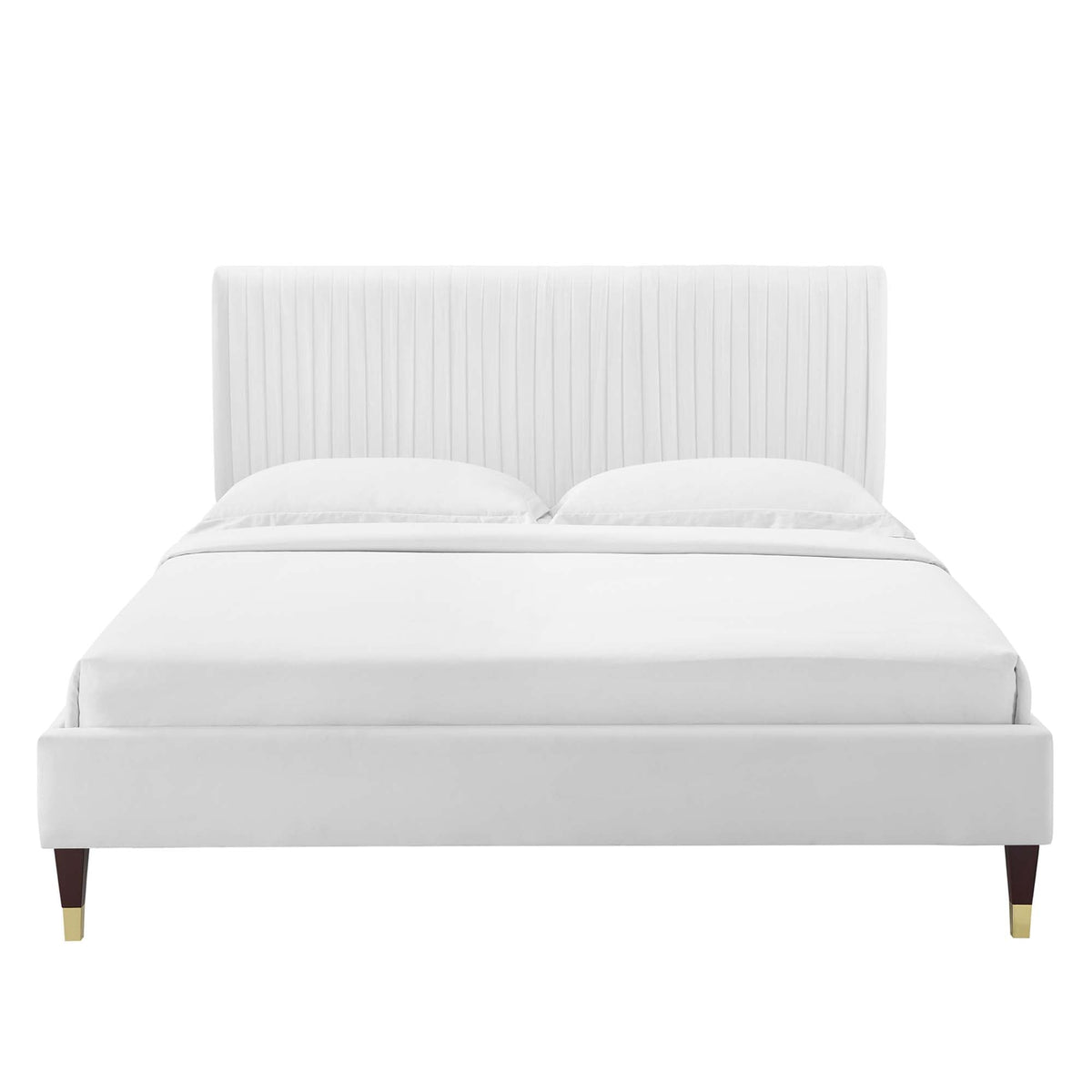 Peyton Velvet Queen Platform Bed in white with vertical tufted headboard and dark tapered legs on Tampa Home & Garden Store