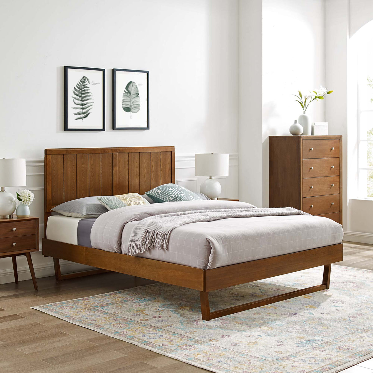 Alana wood platform bed with angular frame in warm brown finish by HouseOfZazla on Tampa Home & Garden Store