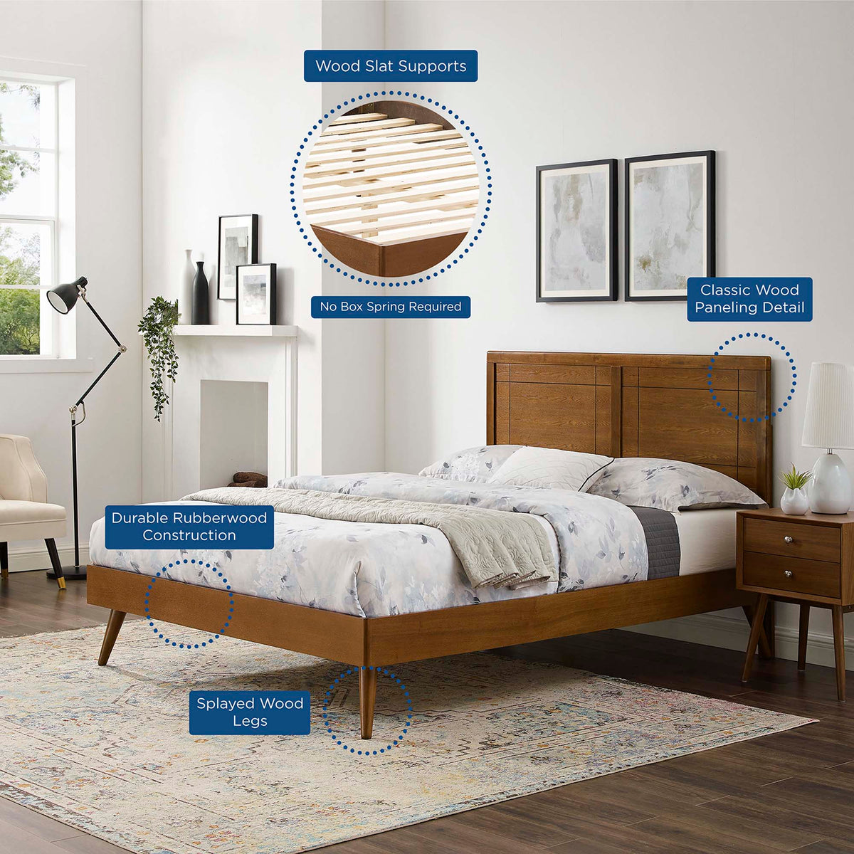 Marlee Wood Platform Bed with Splayed Legs, warm wood finish, low-profile frame on Tampa Home & Garden Store
