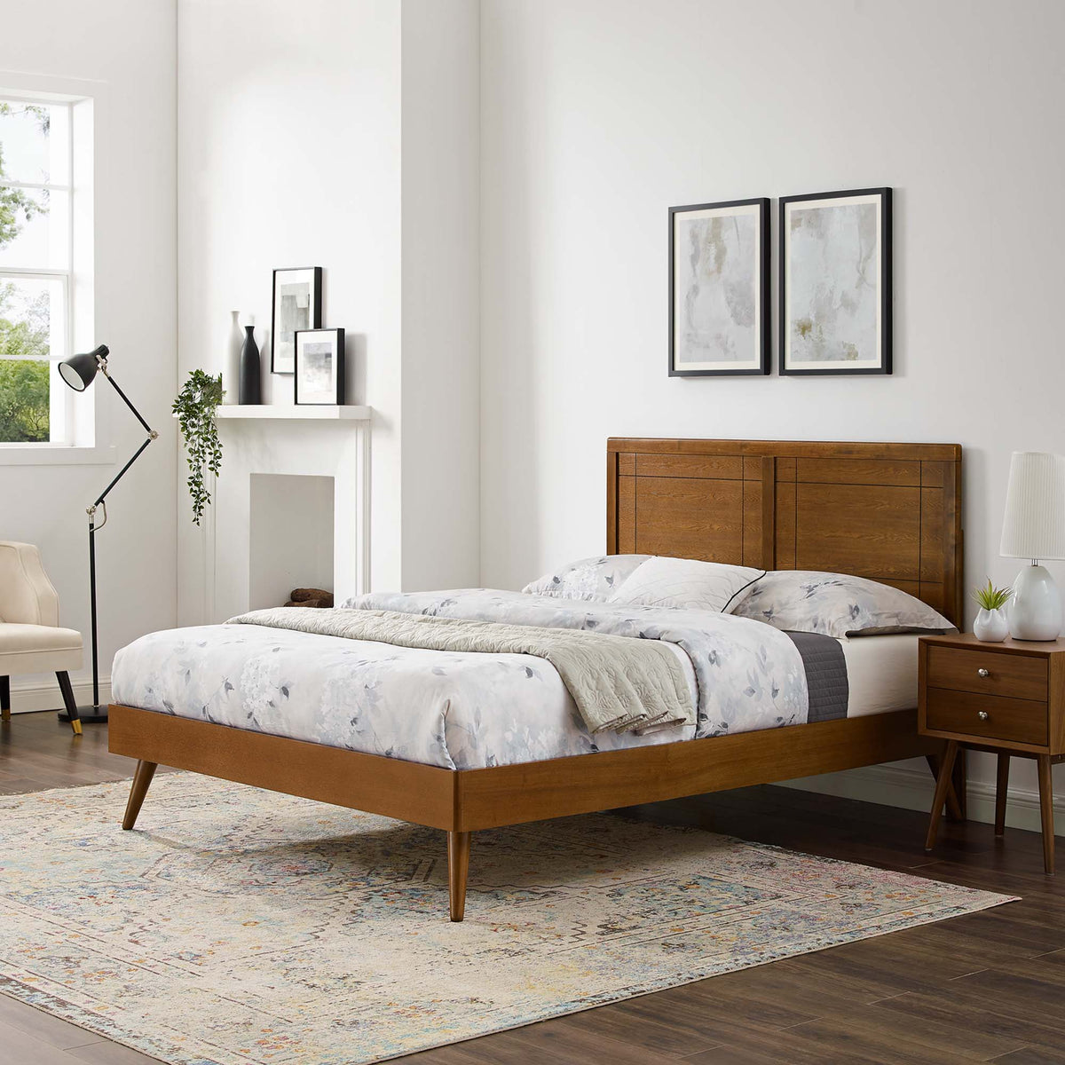 Marlee Wood Platform Bed with Splayed Legs in oak finish by HouseOfZazla in a modern bedroom on Tampa Home & Garden Store