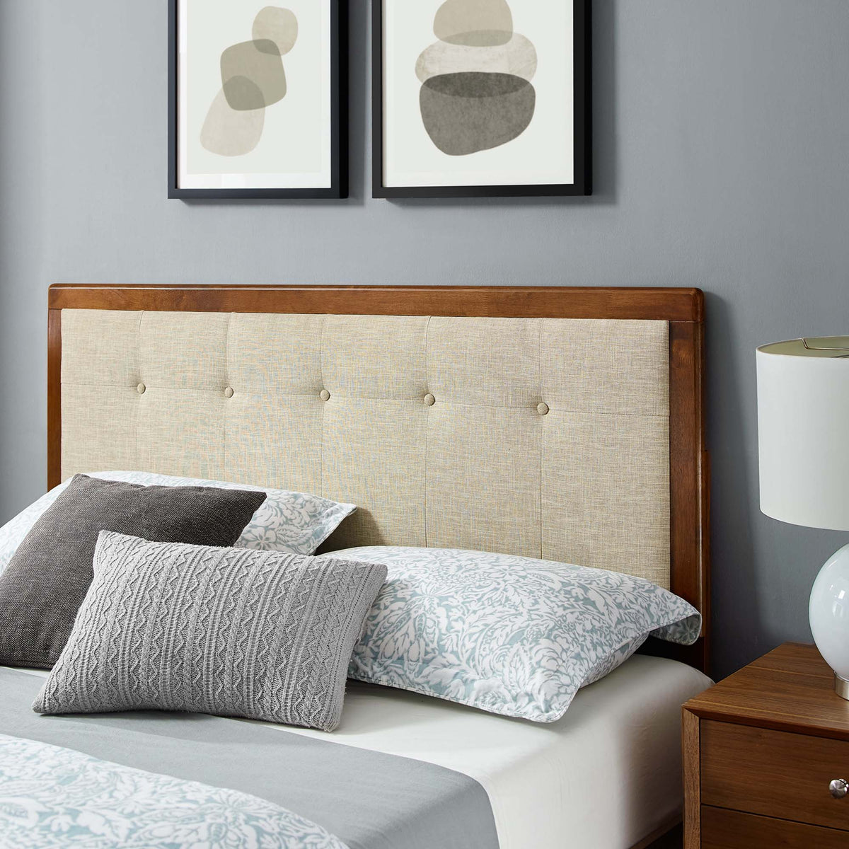 Willow Wood Full Platform Bed with splayed legs, beige upholstered headboard by HouseOfZazla on Tampa Home & Garden Store