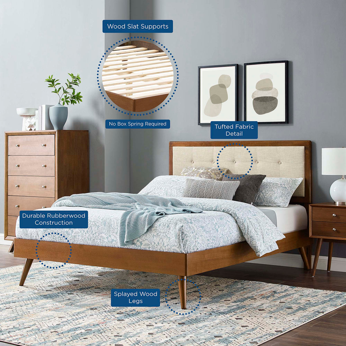 Willow Wood full platform bed with splayed wood legs and tufted fabric headboard Modway on Tampa Home & Garden Store