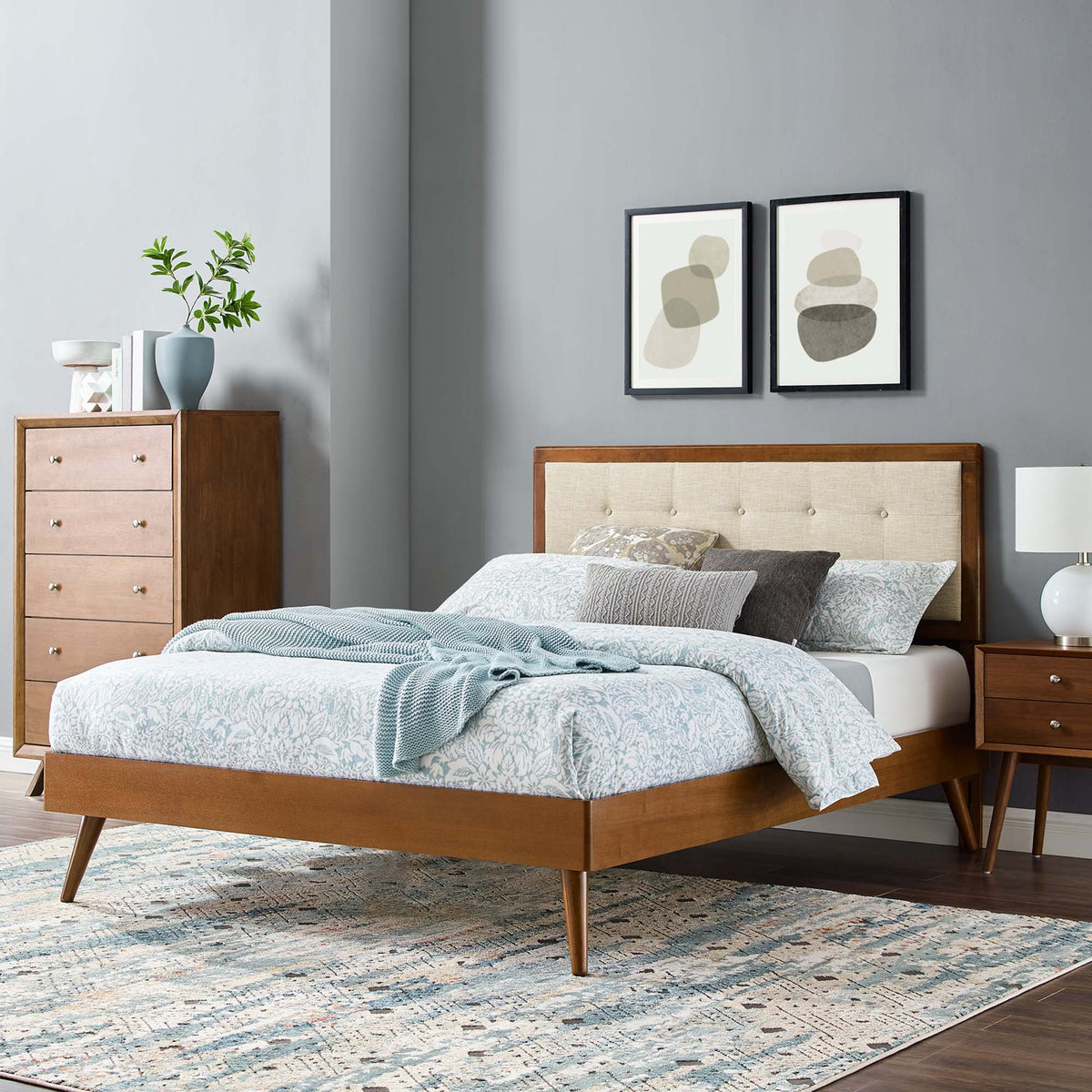Willow Wood full platform bed with splayed legs and upholstered headboard, warm wood finish on Tampa Home & Garden Store