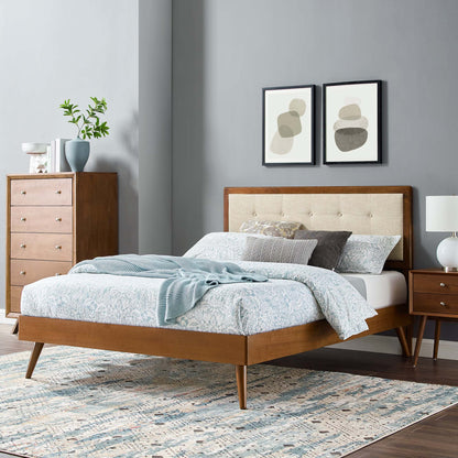 Willow Wood full platform bed with splayed legs and upholstered headboard, warm wood finish on Tampa Home & Garden Store