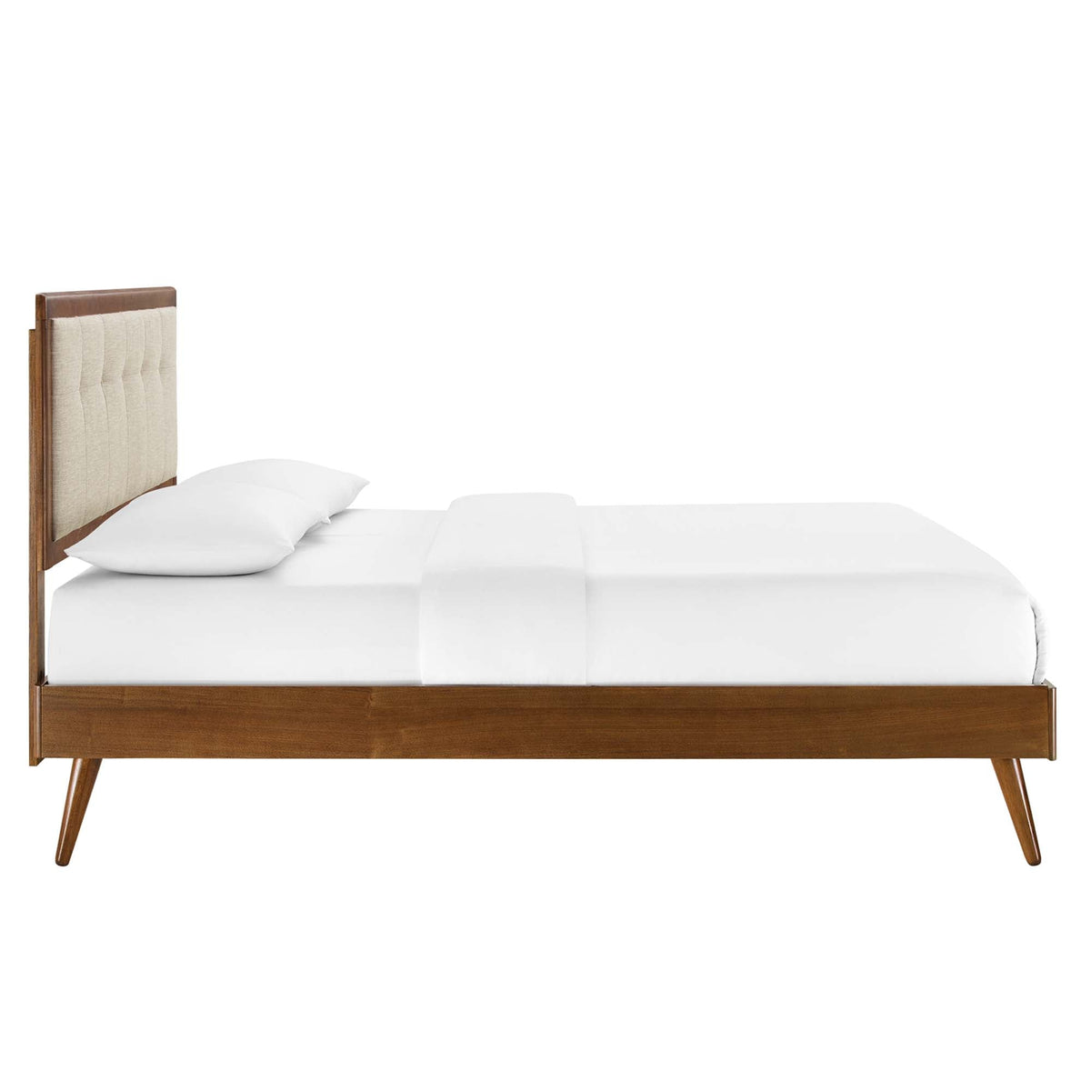 Willow Wood full platform bed with splayed wooden legs and tufted beige headboard on Modway on Tampa Home & Garden Store