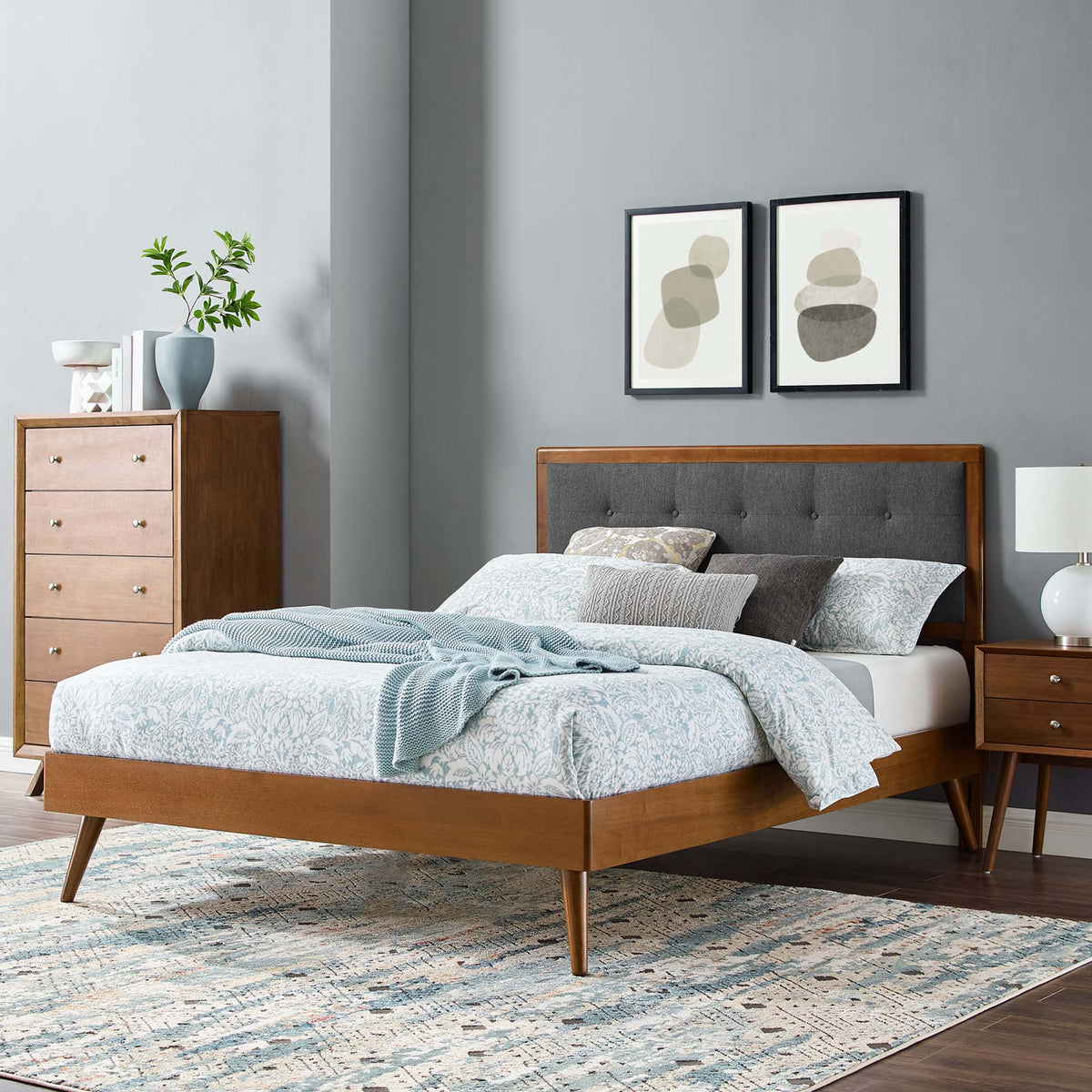 Willow Wood full platform bed with splayed legs and gray tufted headboard by Modway on Tampa Home & Garden Store