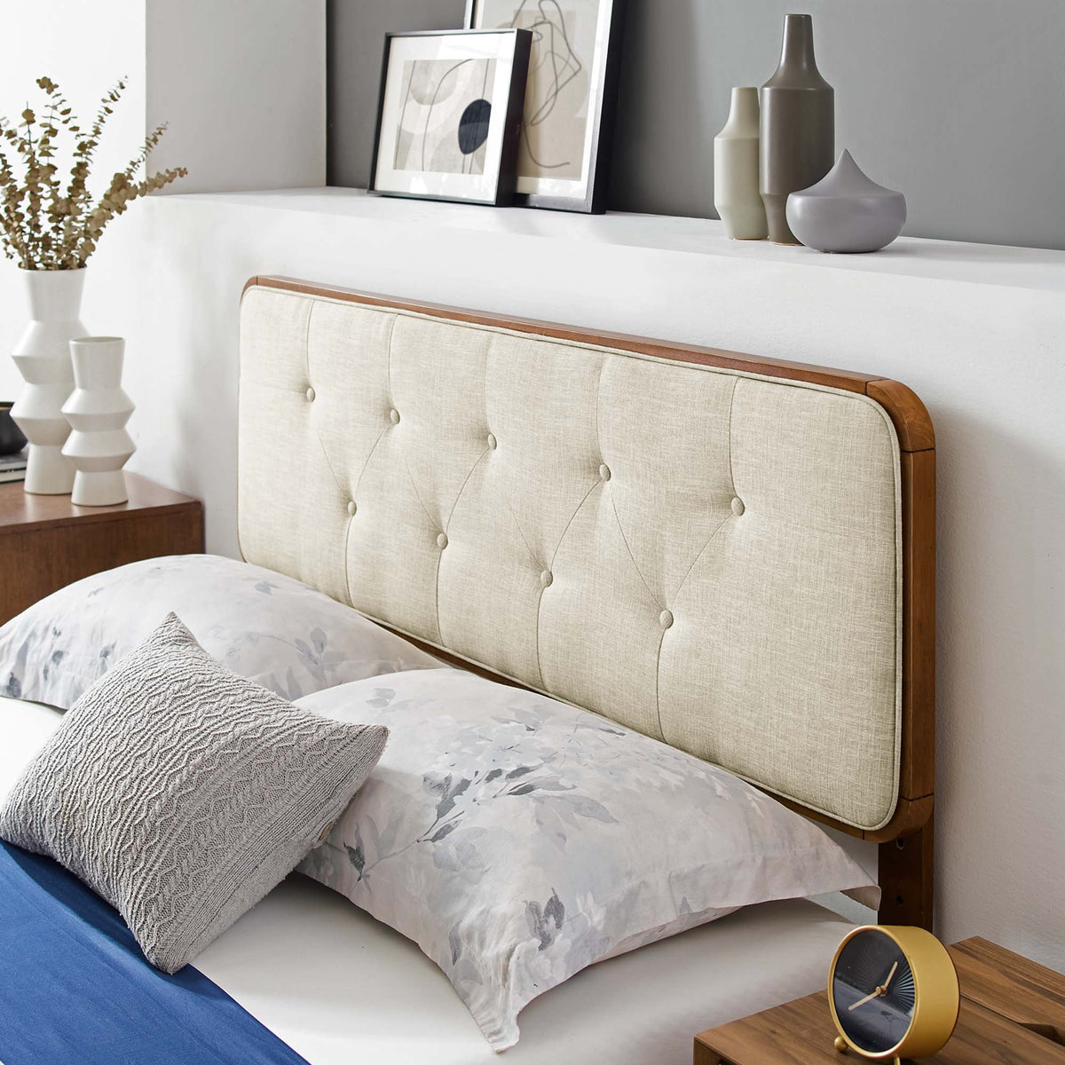 Bridgette Wood King Platform Bed with Angular Frame by Modway, beige headboard and wood frame on Tampa Home & Garden Store