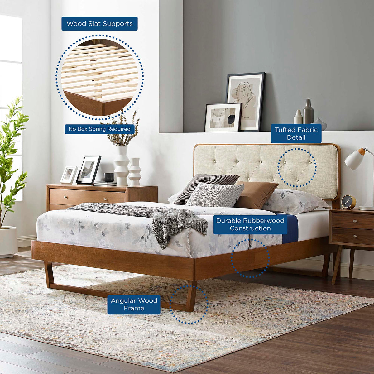 Bridgette Wood King Platform Bed with Angular Frame, tufted beige fabric headboard rubberwood on Tampa Home & Garden Store