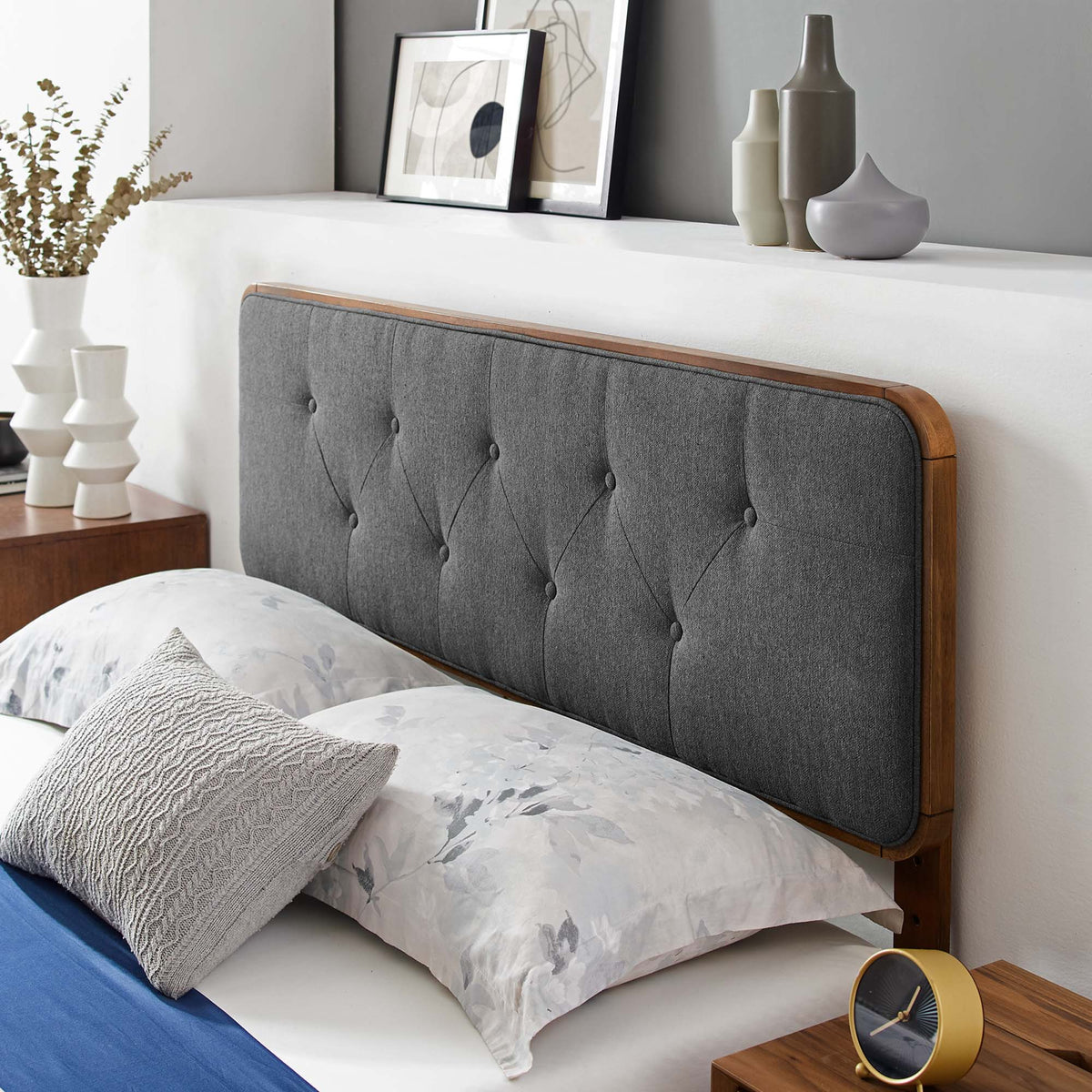 Bridgette Wood King Bed with angular frame by Modway grey tufted headboard and wood rails on Tampa Home & Garden Store