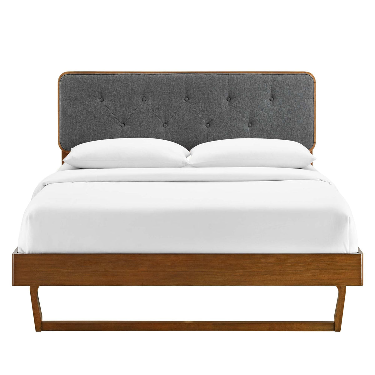Bridgette Wood King Platform Bed with Angular Frame, gray tufted headboard, warm wood frame on Tampa Home & Garden Store