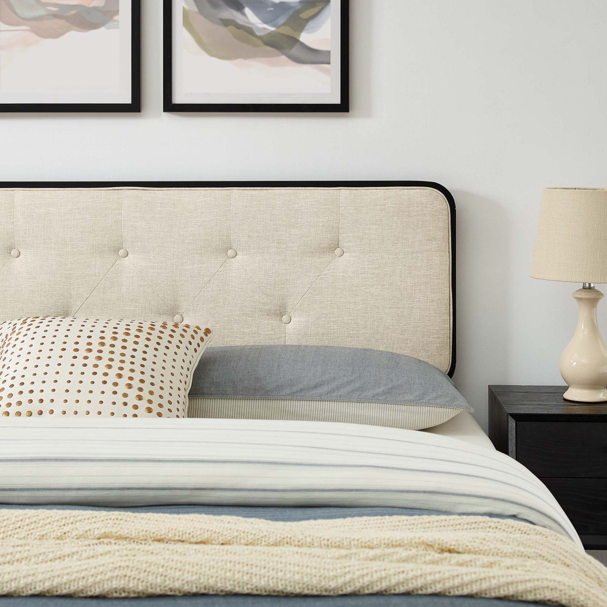 Bridgette Wood King Platform Bed with beige tufted headboard and dark framed edges on Tampa Home & Garden Store