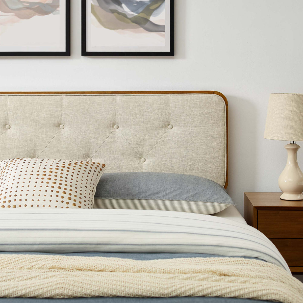 Bridgette Wood King Platform Bed beige upholstered headboard with wood trim on Tampa Home & Garden Store
