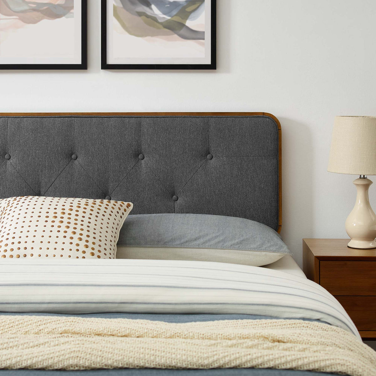 Bridgette Wood King Platform Bed with dark gray tufted headboard and wood trim frame on Tampa Home & Garden Store