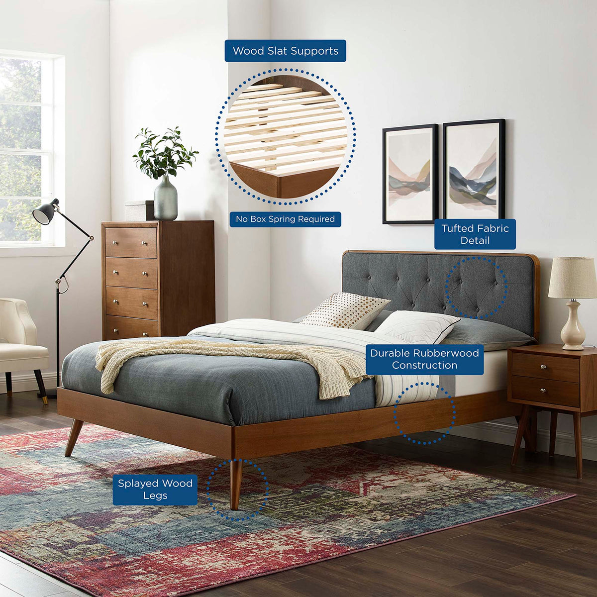 Bridgette Wood King Platform Bed with Splayed Legs, wood frame and tufted gray fabric headboard by HouseOfZazla on Tampa Home & Garden Store