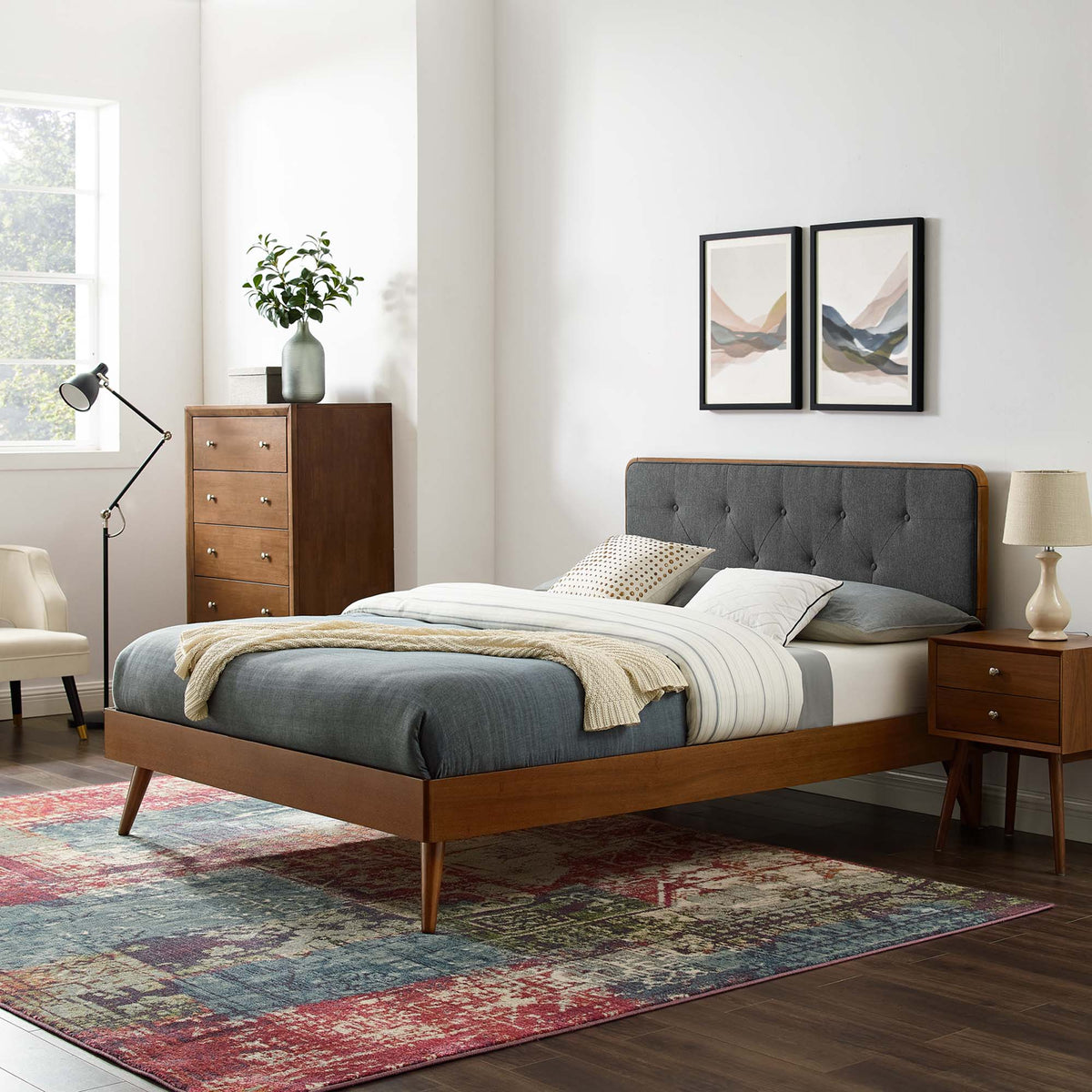 Bridgette Wood King Platform Bed by Modway with splayed legs and grey tufted headboard on Tampa Home & Garden Store