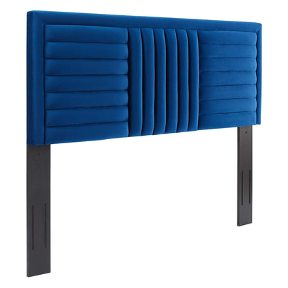 Believe Channel Tufted Velvet Headboard in blue for bedroom with black legs on Tampa Home & Garden Store