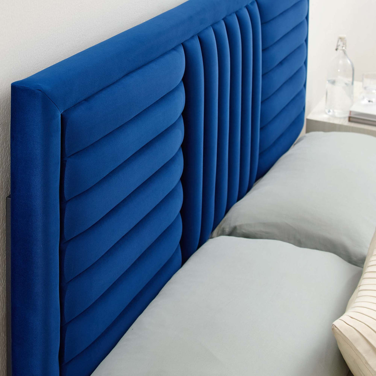 Believe Channel Tufted Velvet Headboard in royal blue with vertical panels for the bedroom on Tampa Home & Garden Store