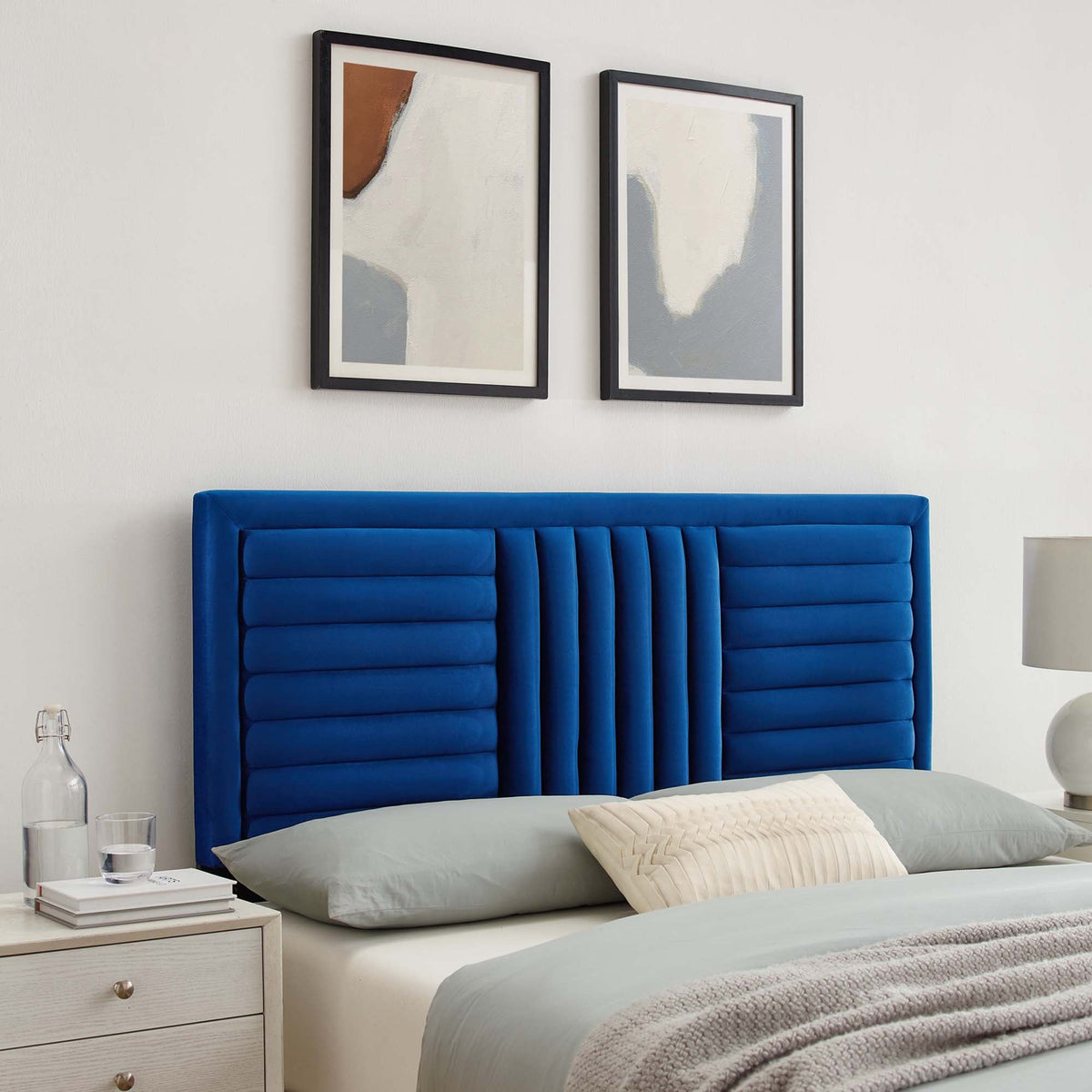 Believe Channel Tufted Performance Velvet Headboard by Modway in blue velvet with two prints on Tampa Home & Garden Store