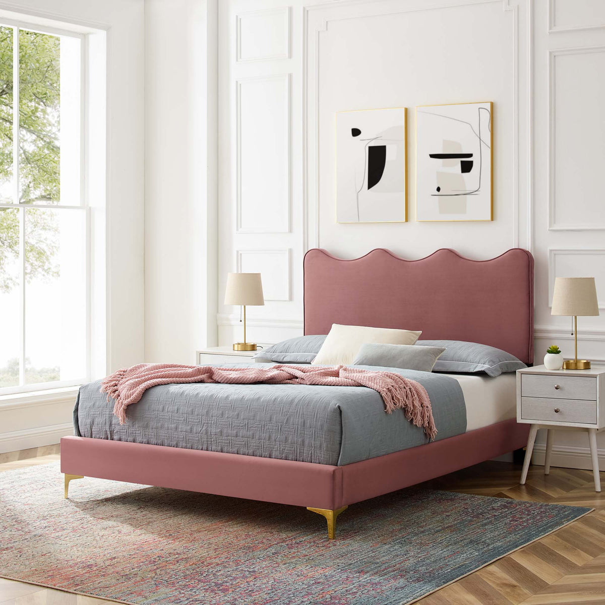 Current Performance Velvet Full Platform Bed in pink velvet with gold legs on Tampa Home & Garden Store