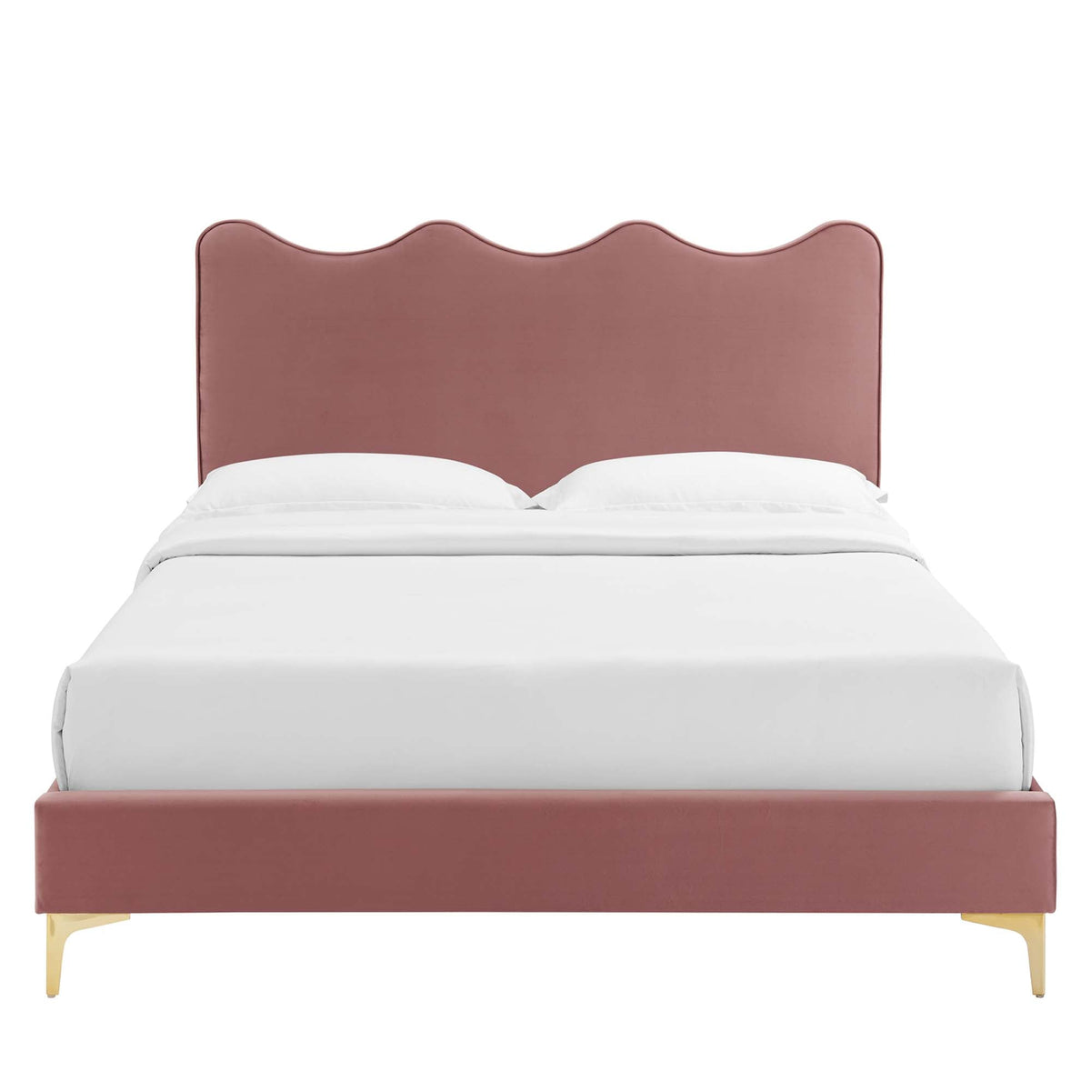 Full velvet platform bed headboard in blush pink by HouseOfZazla with scalloped top legs on Tampa Home & Garden Store