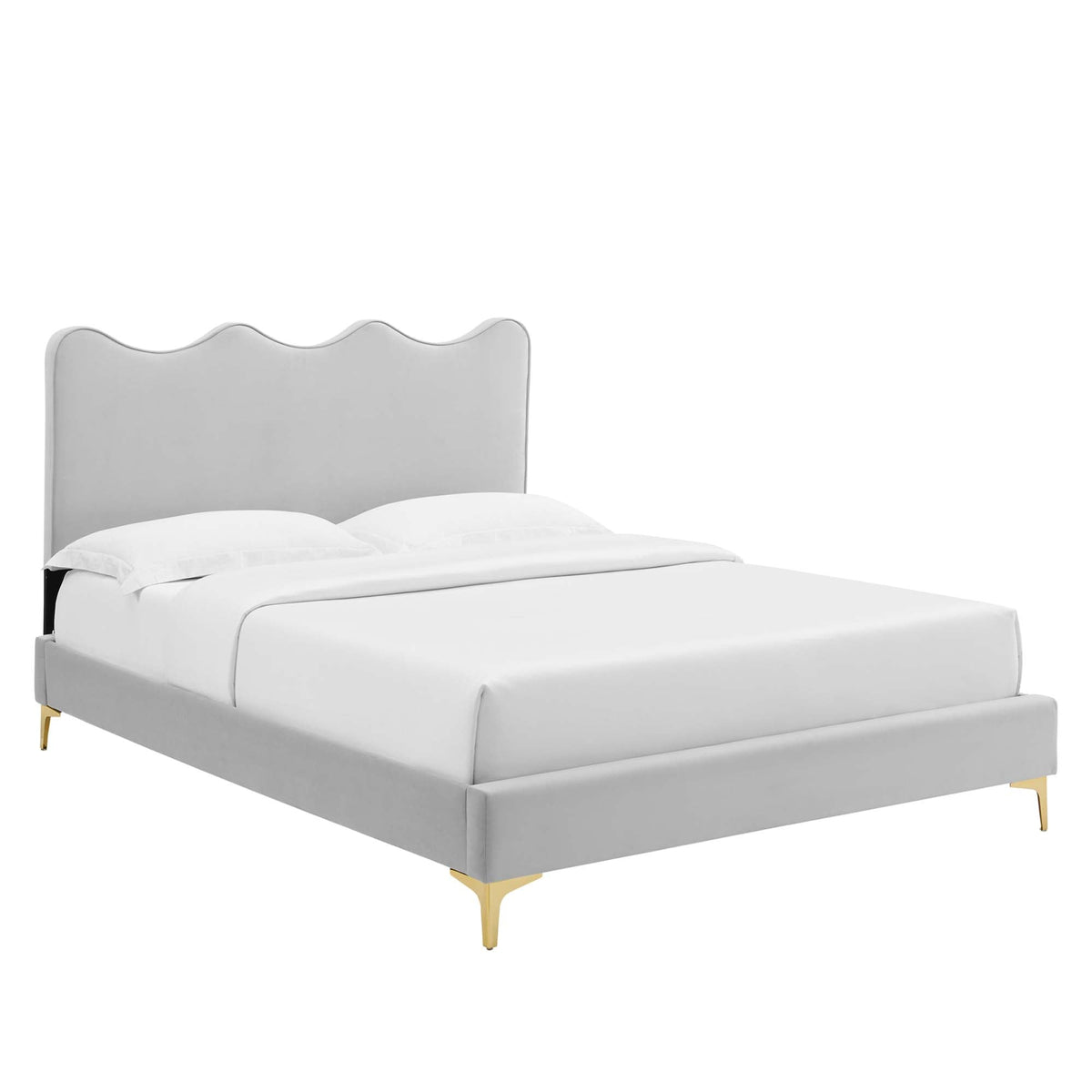 Modway velvet full platform bed with scalloped gray headboard and gold metal legs on Tampa Home & Garden Store
