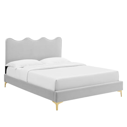 Modway velvet full platform bed with scalloped gray headboard and gold metal legs on Tampa Home & Garden Store