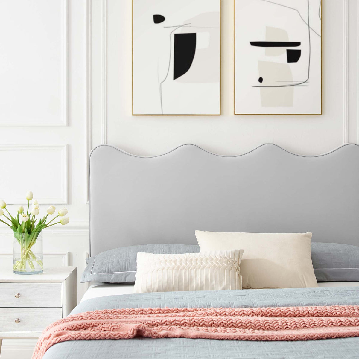 Current Performance Velvet Platform Bed by Modway in gray with pink knit throw at foot on Tampa Home & Garden Store