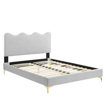 Current Performance Velvet Full Platform Bed by Modway in light gray velvet with scalloped headboard on Tampa Home & Garden Store