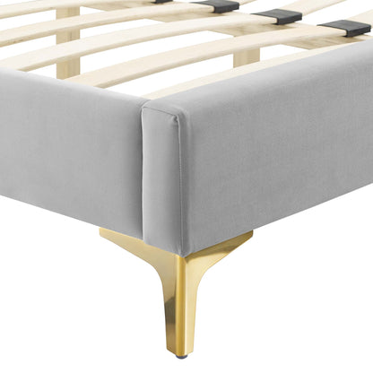 Current Performance Velvet Full Platform Bed gray velvet with gold legs bed frame on Tampa Home & Garden Store