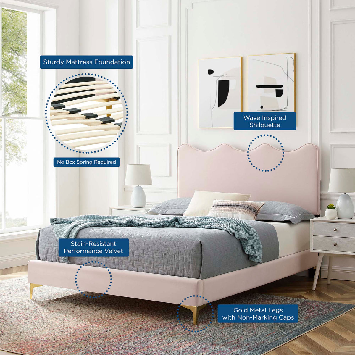 Current Performance Velvet Full Platform Bed MOD-6730 by Modway with gold metal legs on Tampa Home & Garden Store
