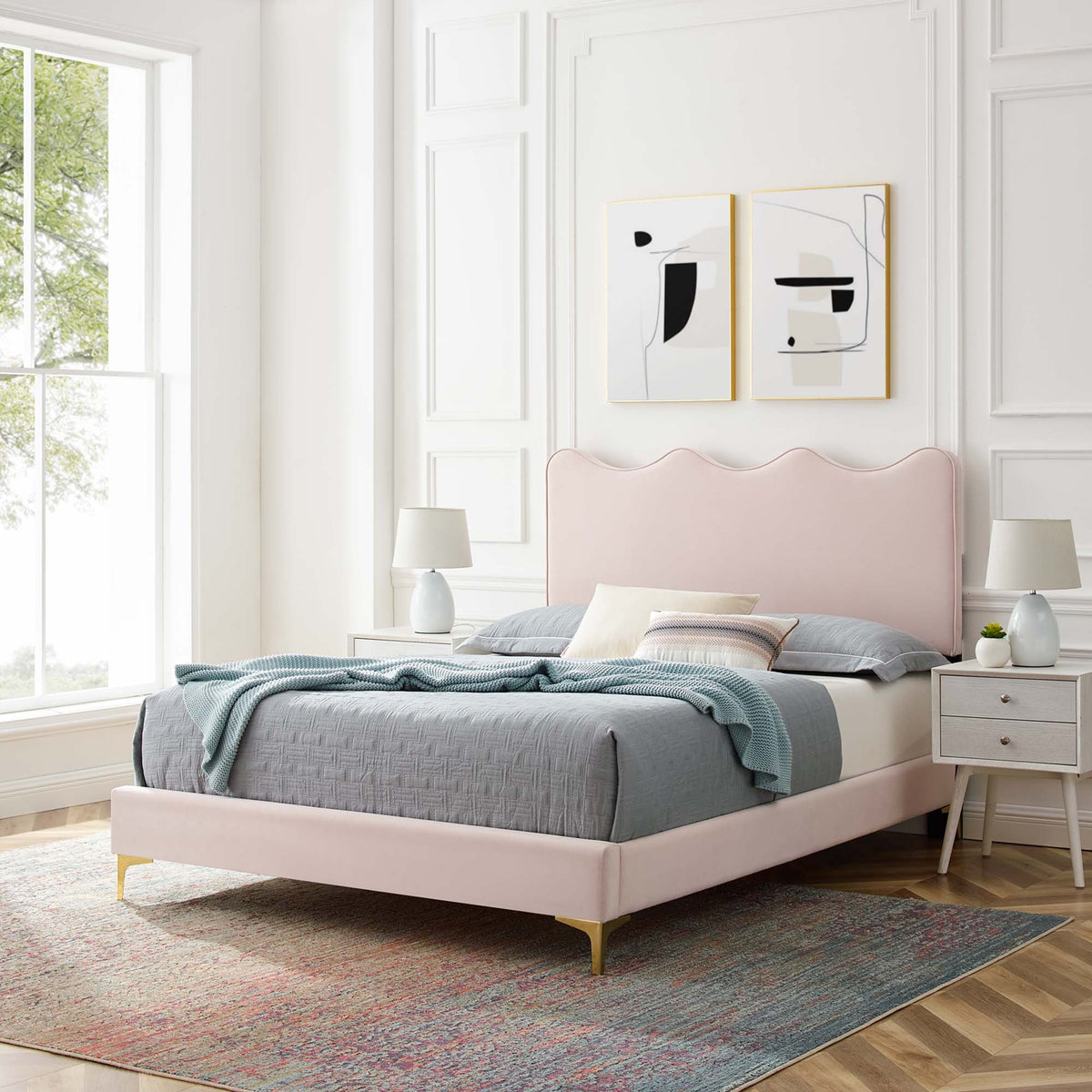 Full platform bed in pink velvet with bed skirt and gold legs in a modern bedroom in Tampa on Tampa Home & Garden Store