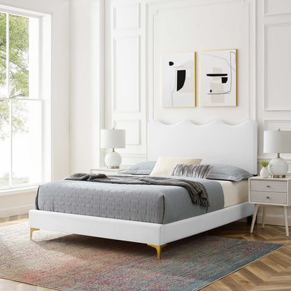 Current Performance Velvet Full Platform Bed in light gray velvet in a bright white bedroom on Tampa Home & Garden Store
