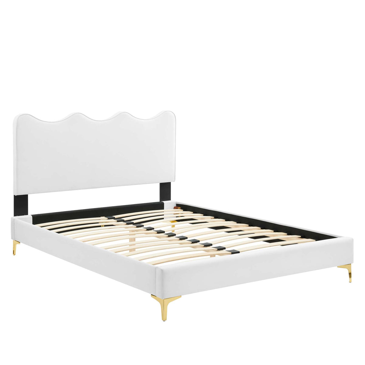 Current Performance Velvet Full Platform Bed white velvet headboard with scalloped edge on Tampa Home & Garden Store