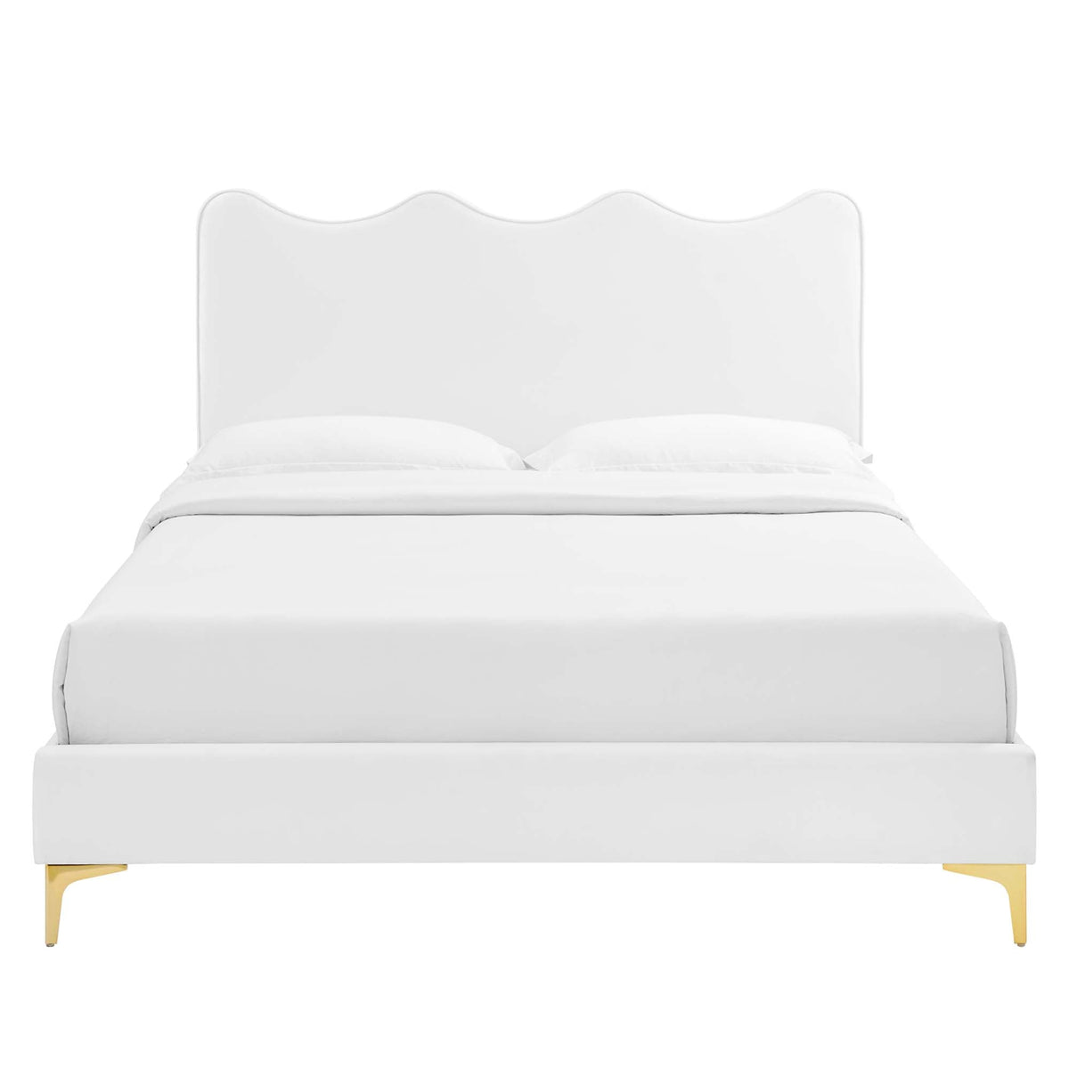 Current Velvet Full Platform Bed by Modway in white velvet with scalloped headboard and gold legs on Tampa Home & Garden Store