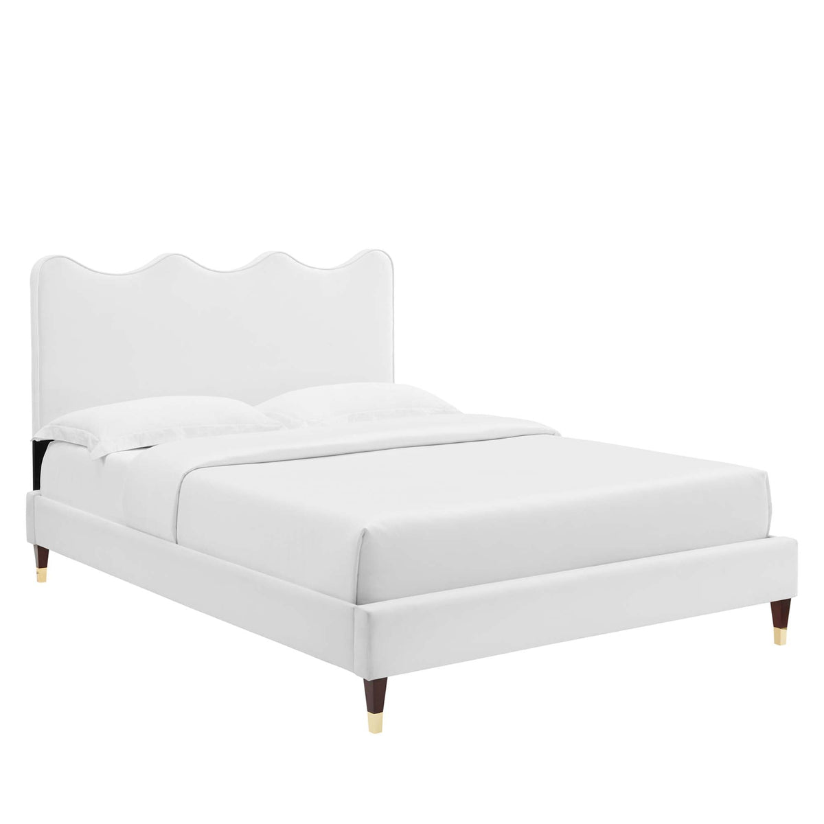 Current Performance Velvet Full Platform Bed, white velvet with scalloped headboard on Tampa Home & Garden Store
