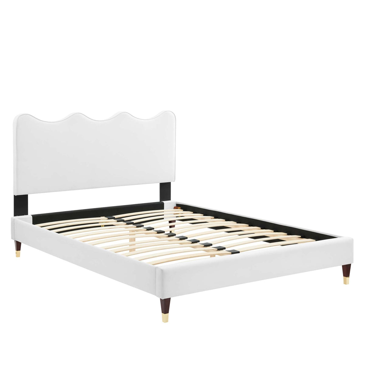 Current Performance Velvet Full Platform Bed headboard with scalloped edge on slatted base on Tampa Home & Garden Store