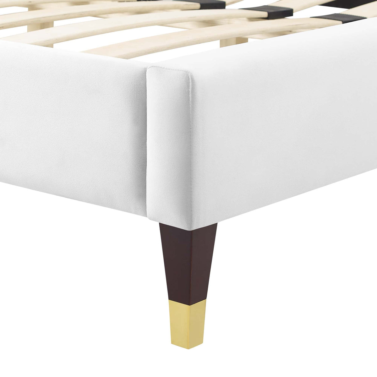 Current Velvet Full Platform Bed by Modway in white velvet with tapered legs and brass accents on Tampa Home & Garden Store