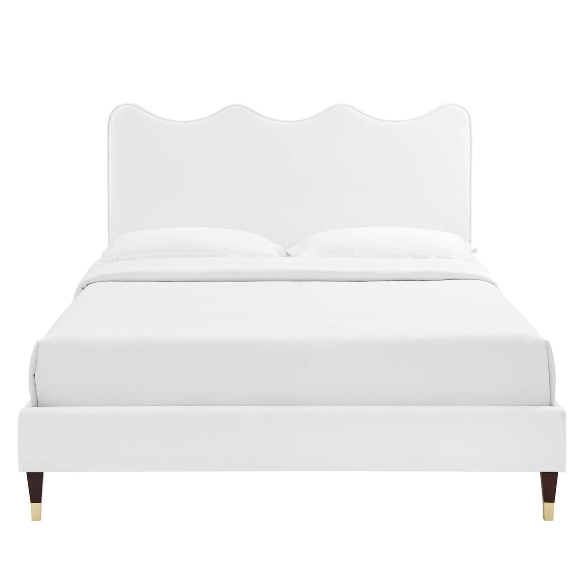 Current Performance Velvet Full Platform Bed white velvet scalloped headboard dark wood legs on Tampa Home & Garden Store