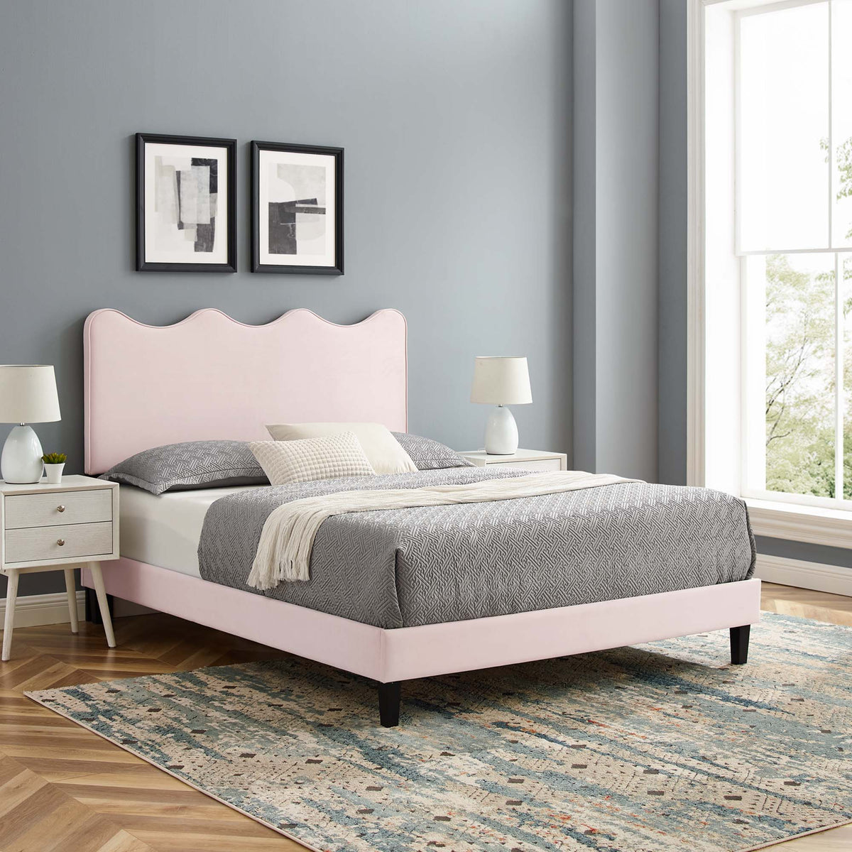 Current Performance Velvet Full Platform Bed by Modway with pink velvet headboard and pink skirt on Tampa Home & Garden Store