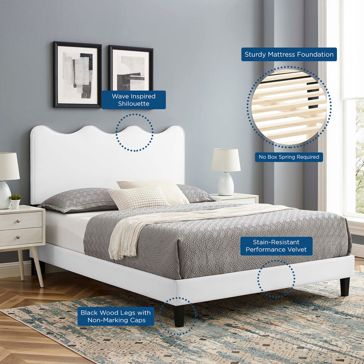 Current Performance Velvet Full Platform Bed MOD-6732 by Modway in white velvet with headboard on Tampa Home & Garden Store
