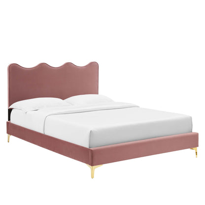 Queen platform bed in dusty rose velvet with pink bed skirt and white bedding on Tampa Home & Garden Store